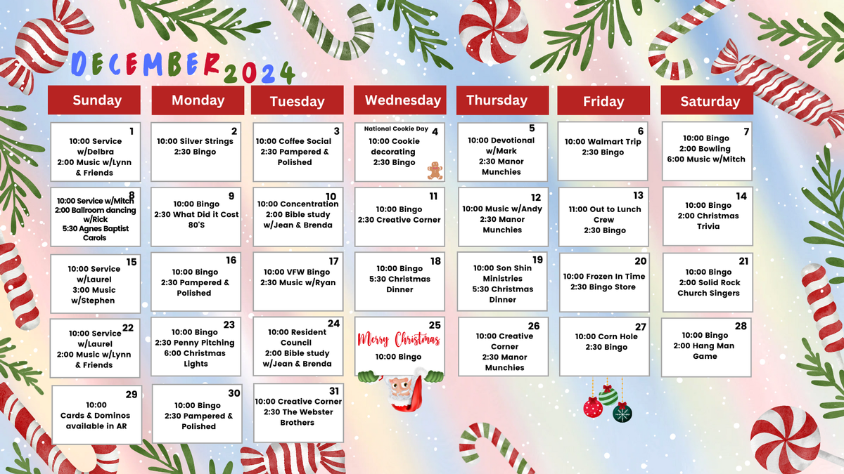 December 2024 Activities Calendar at Azle Manor